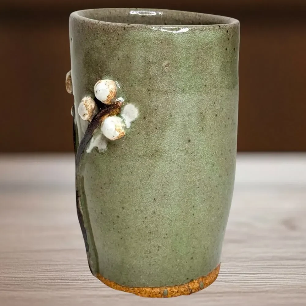 Studio Art Pottery Stoneware Tumbler Mug Vase Branch Botanical Rustic Signed